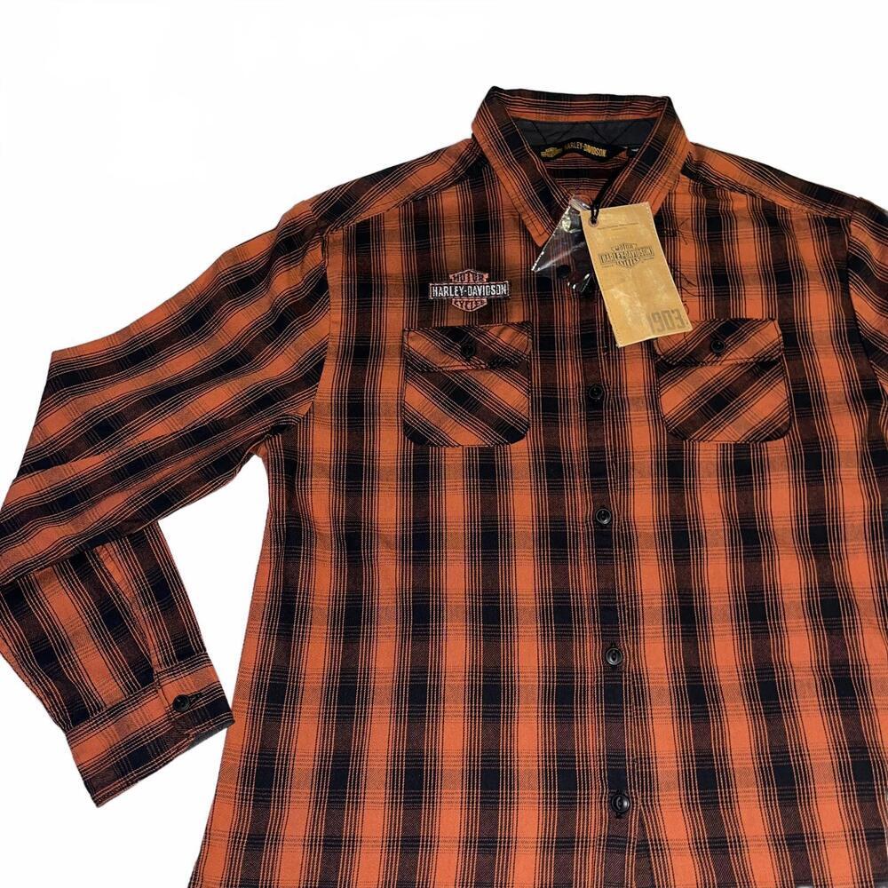 NWT Harley-Davidson $125 Womans Large Orange/Black Plaid Button-Up Flannel New